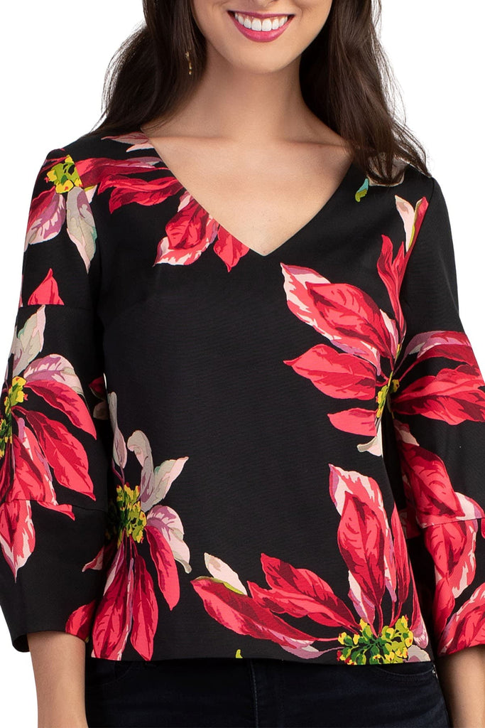 Trina Turk "Yuka" Floral Print Top, Black Multi