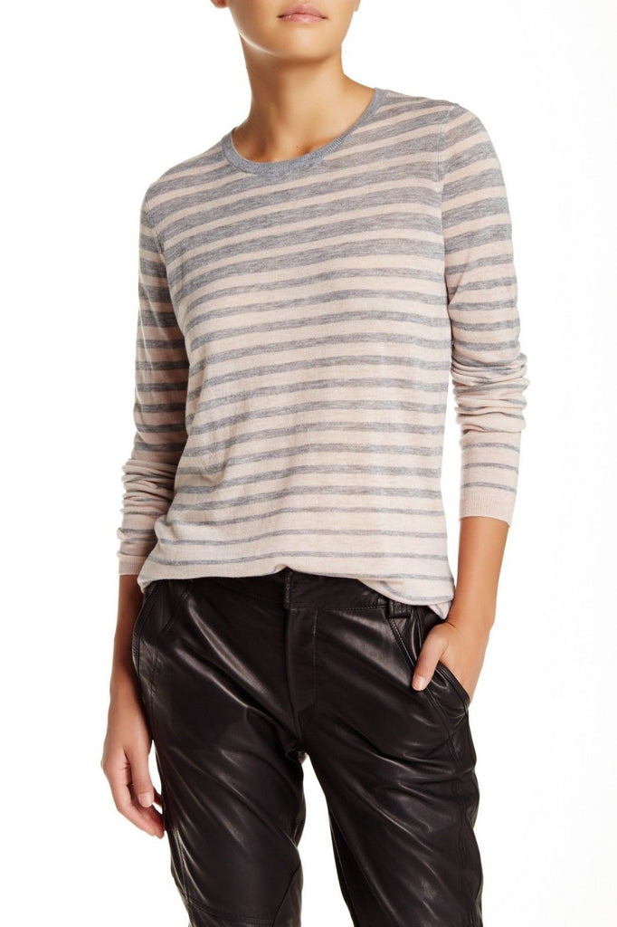 Vince Striped Fine Wool-Blend Sweater, Heather Grey/Ballet