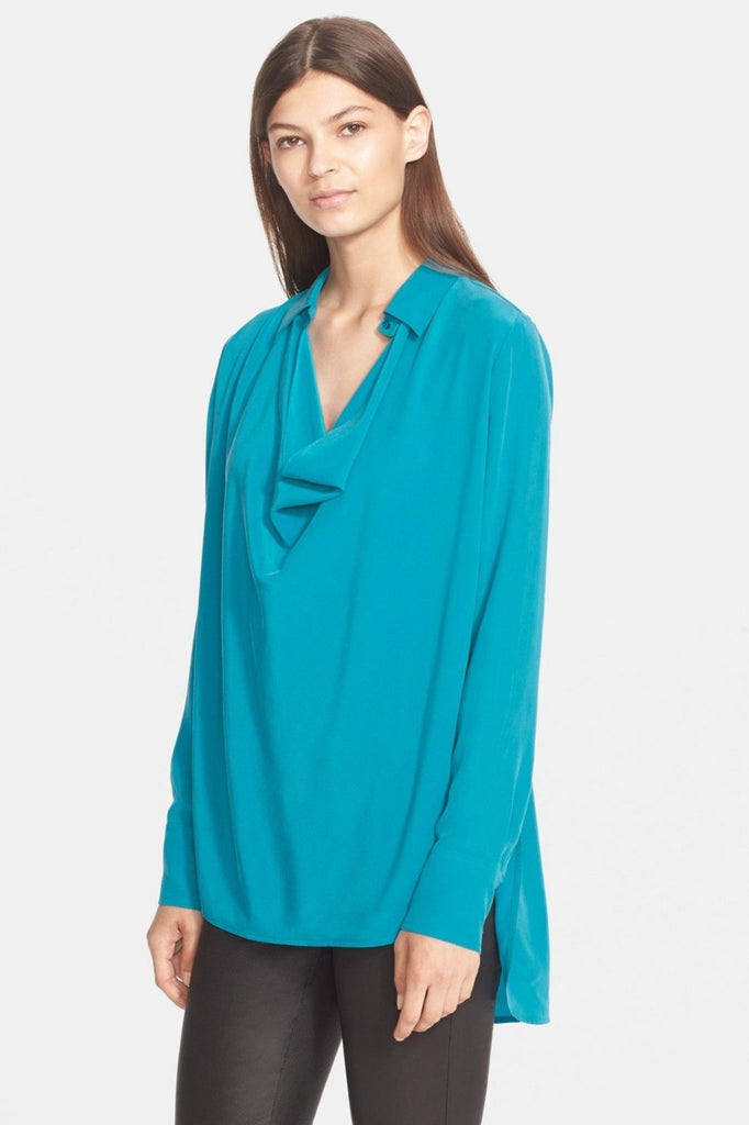 Vince Cowl Neck High-Low Silk Blouse, Bay Blue