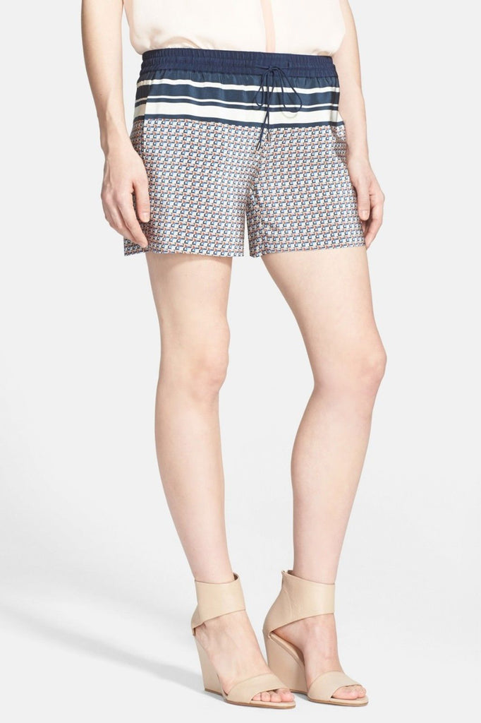 Vince Border Print Silk Drawstring Shorts, Coastal Blue