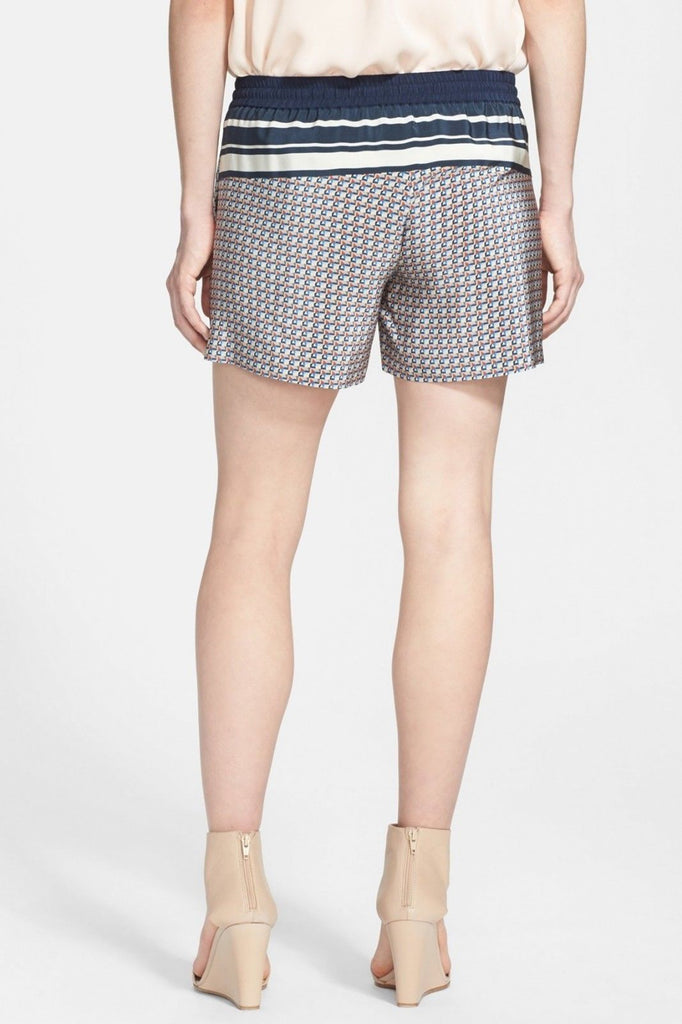 Vince Border Print Silk Drawstring Shorts, Coastal Blue