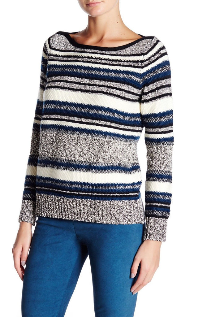 Vince Wool/Cotton Boucle Striped Sweater, Dark Sapphire Combo