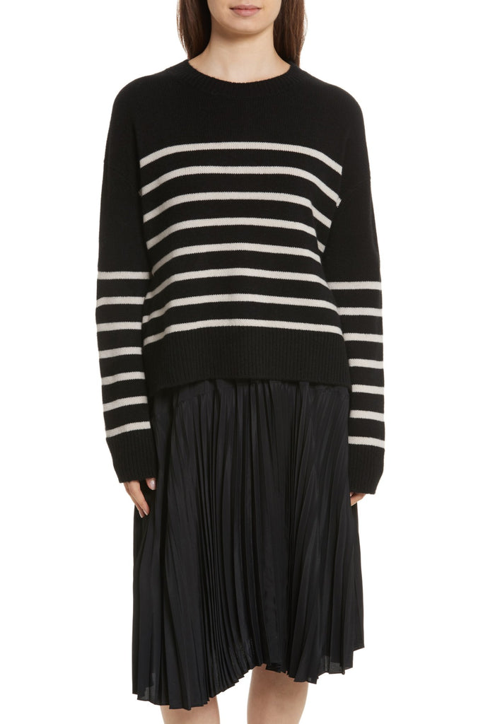 Vince Striped Boxy Cashmere Tie-Back Sweater, Black/Chalet