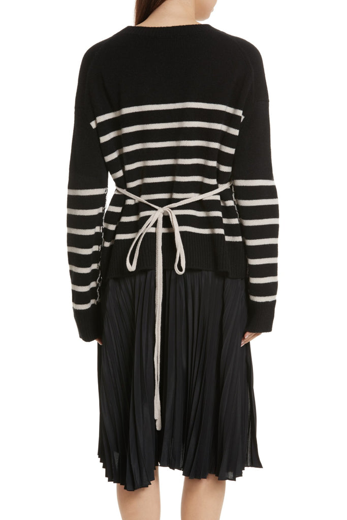 Vince Striped Boxy Cashmere Tie-Back Sweater, Black/Chalet