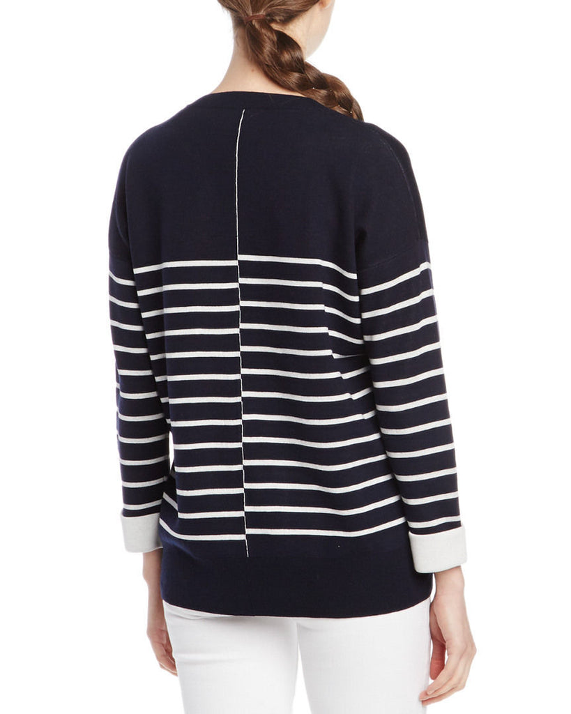 Vince Cotton/Wool-Blend Double Face Stripe Sweater, Navy Blue