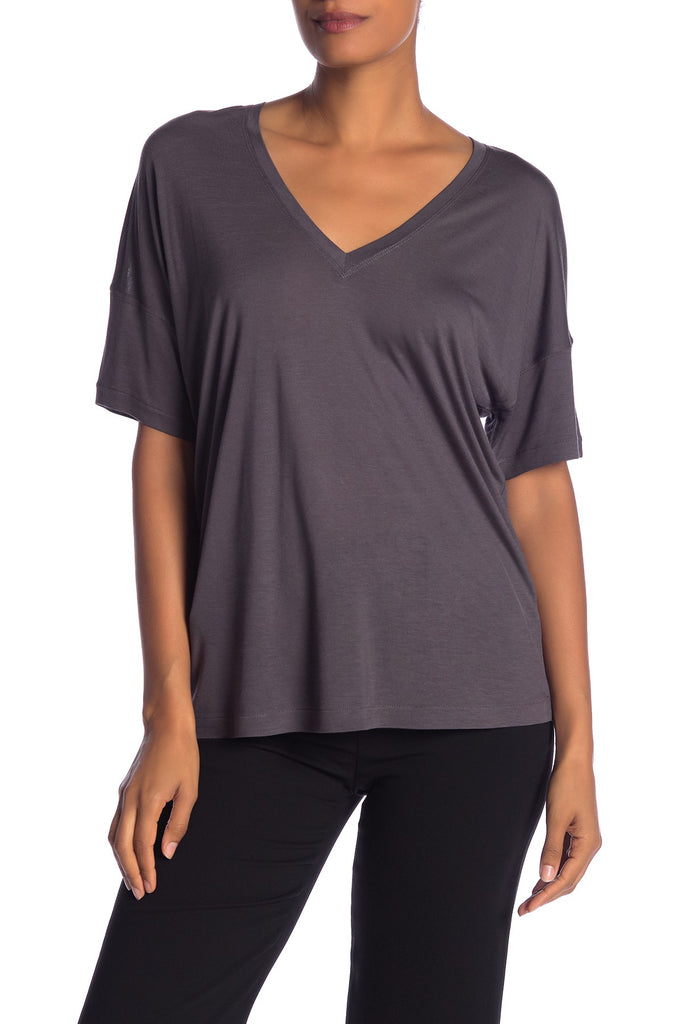 Vince Drop Shoulder V-Neck Viscose T-Shirt, Oil Grey