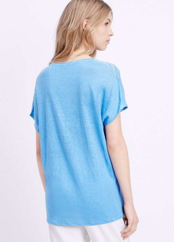 Vince Striped Linen S/S Tee Shirt, Danube Blue/White