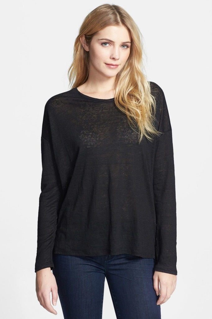 Vince Long Sleeve 100% Linen Tee Shirt, Black