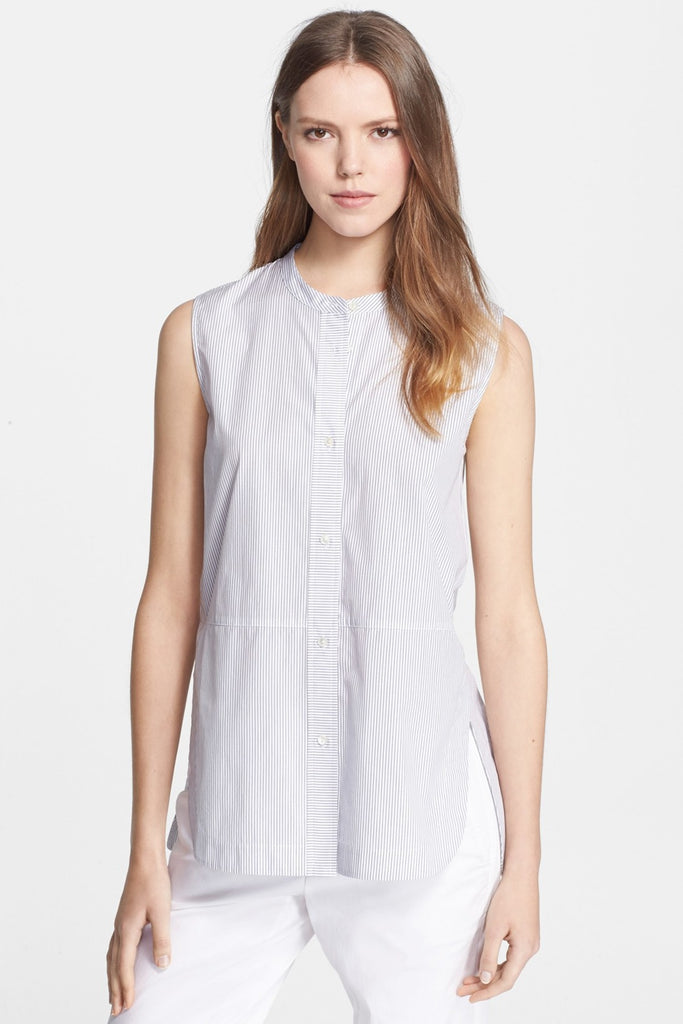 Vince Pin-Striped Sleeveless Cotton Tunic Blouse, White/Indigo