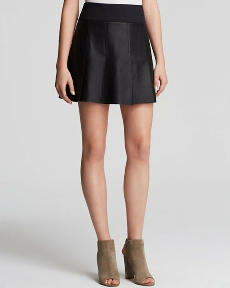 Vince Pleated Leather Mini Skirt, Black