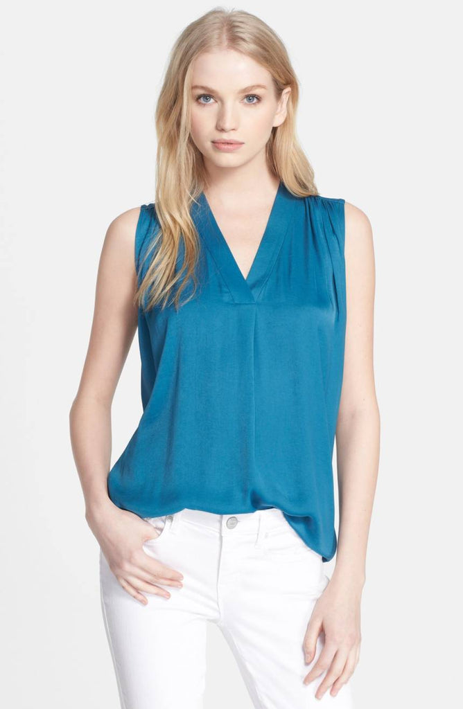 Vince Shirred Shoulder Sleeveless Top, Teal Blue