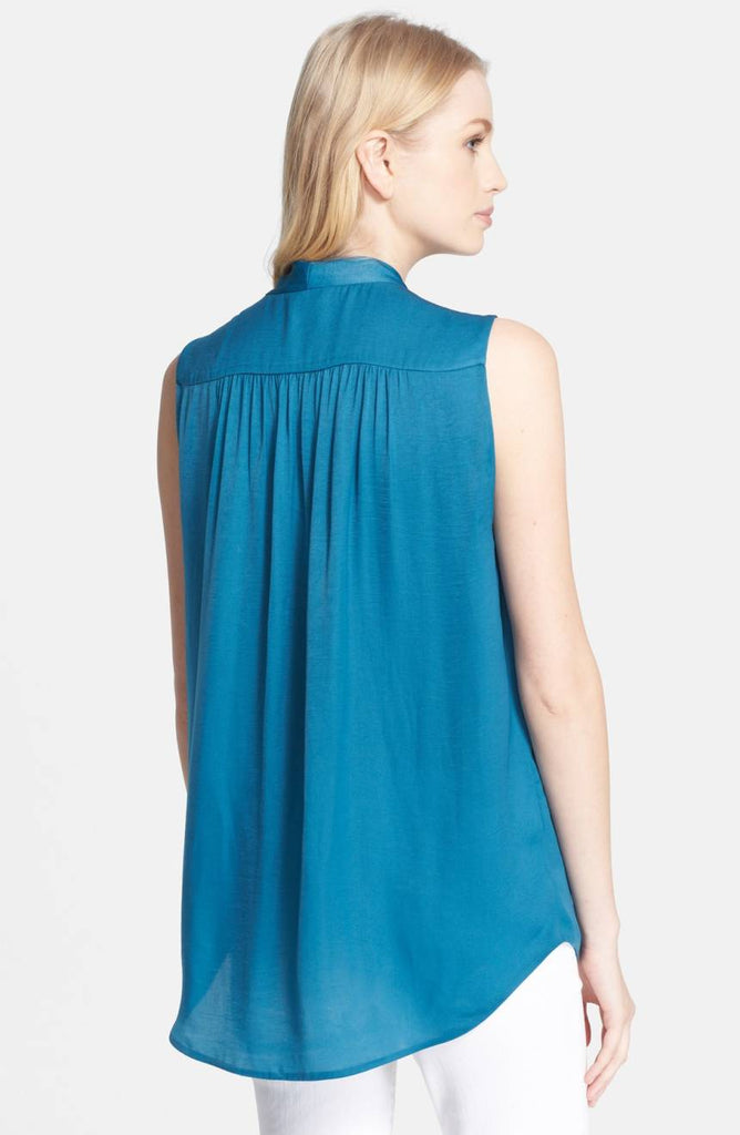 Vince Shirred Shoulder Sleeveless Top, Teal Blue
