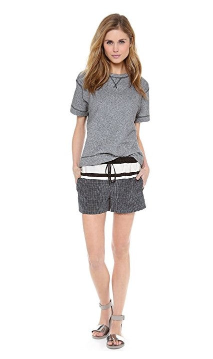Vince Mixed Stripe Print Silk Shorts, Black/Ivory Combo