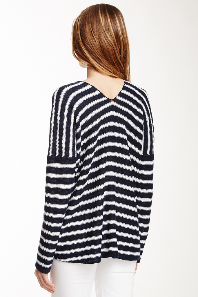 Vince Long Sleeve Striped Linen Sweater, Navy Blue/White