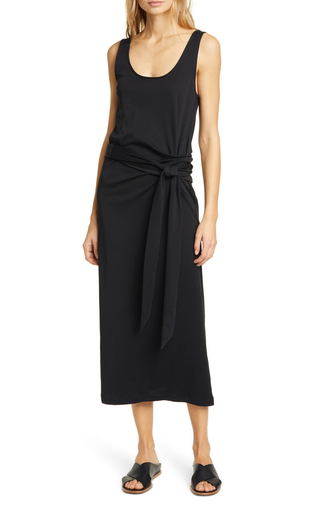 Vince Sleeveless Pima Cotton Tie-Waist Midi-Dress, Black