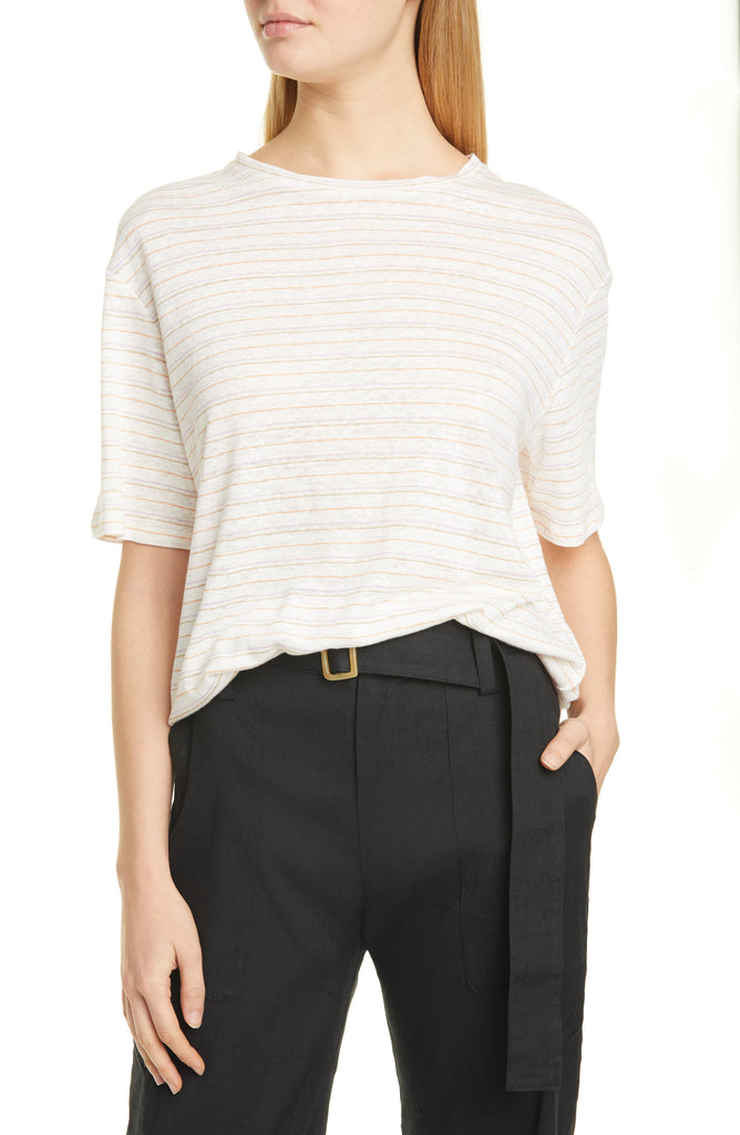 Vince Striped Oversized Linen Short Sleeve Tee, White Multi