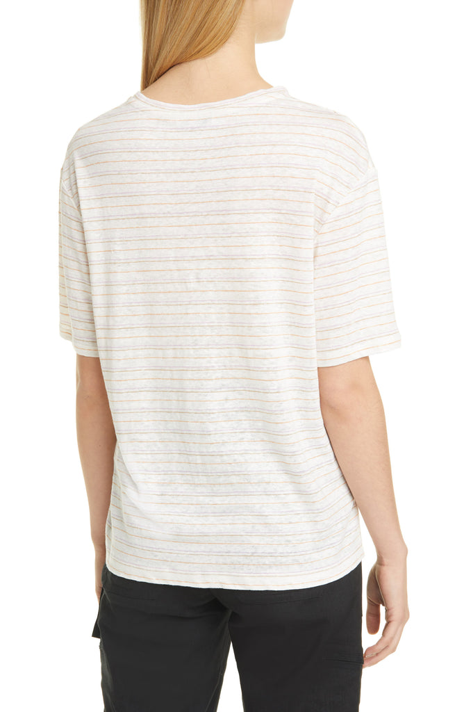 Vince Striped Oversized Linen Short Sleeve Tee, White Multi
