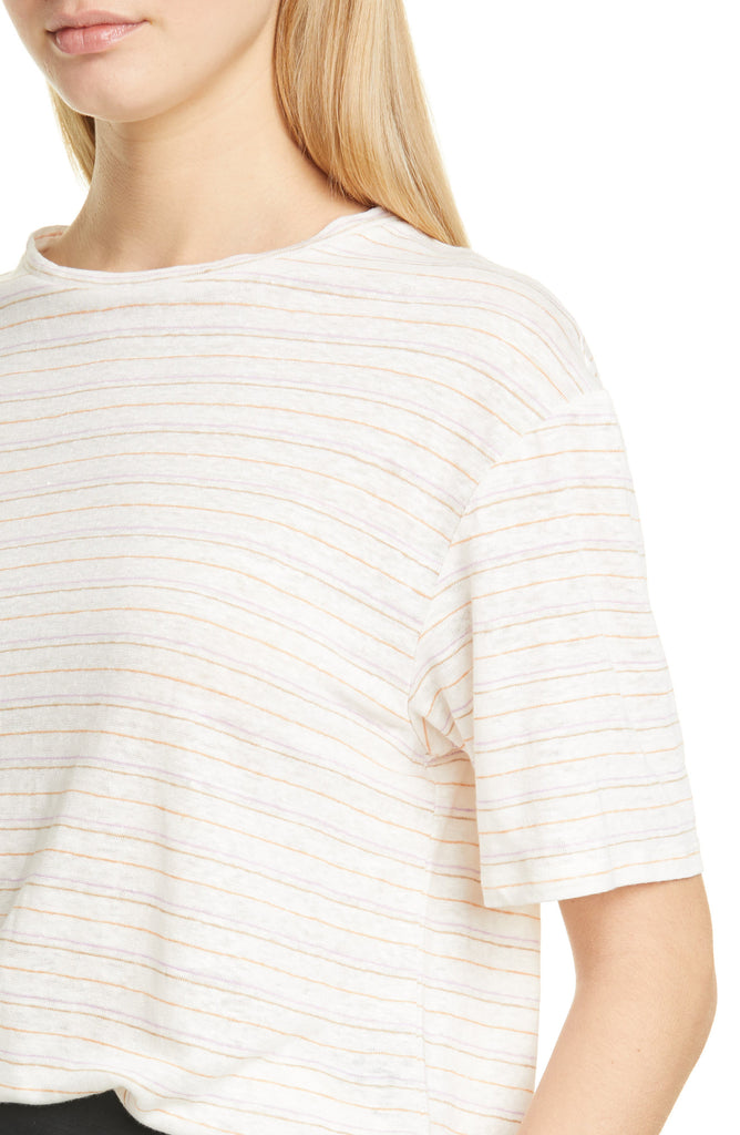 Vince Striped Oversized Linen Short Sleeve Tee, White Multi