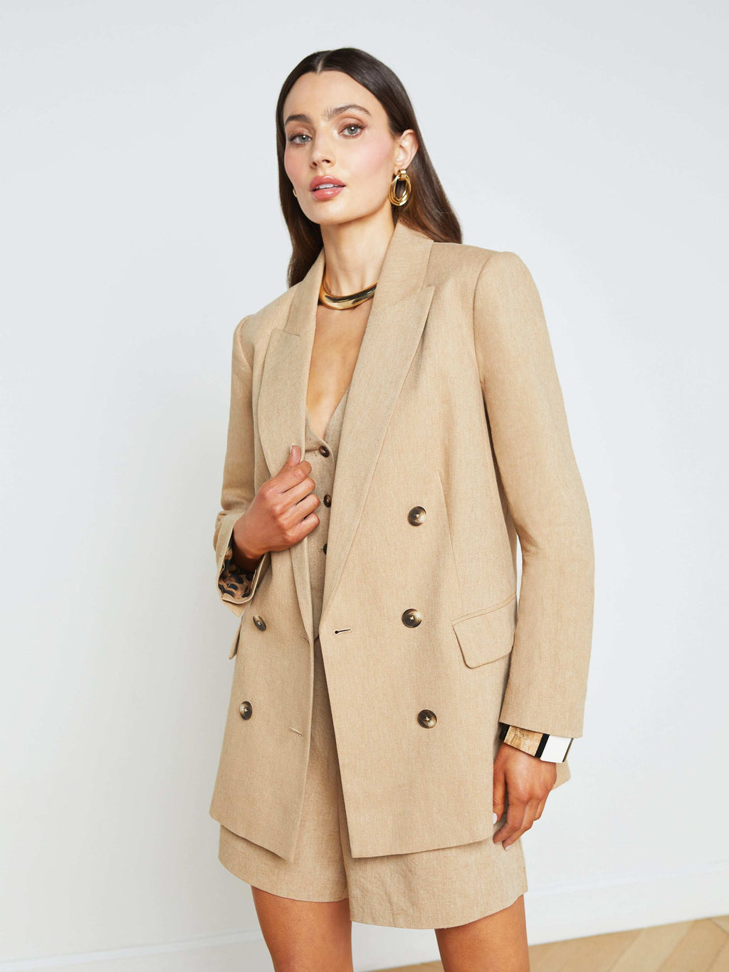 L'Agence Aimee Relaxed Double-Breasted Blazer in Sand/Sahara Leopard - front