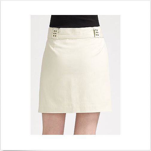 Milly Stretch-Italian Cotton Nailhead Trimmed Skirt, Sand Beige