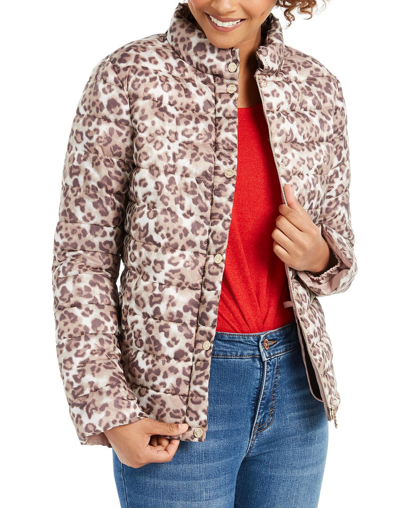 Bernardo Leopard Print Packable Puffer Jacket, Taupe/Brown