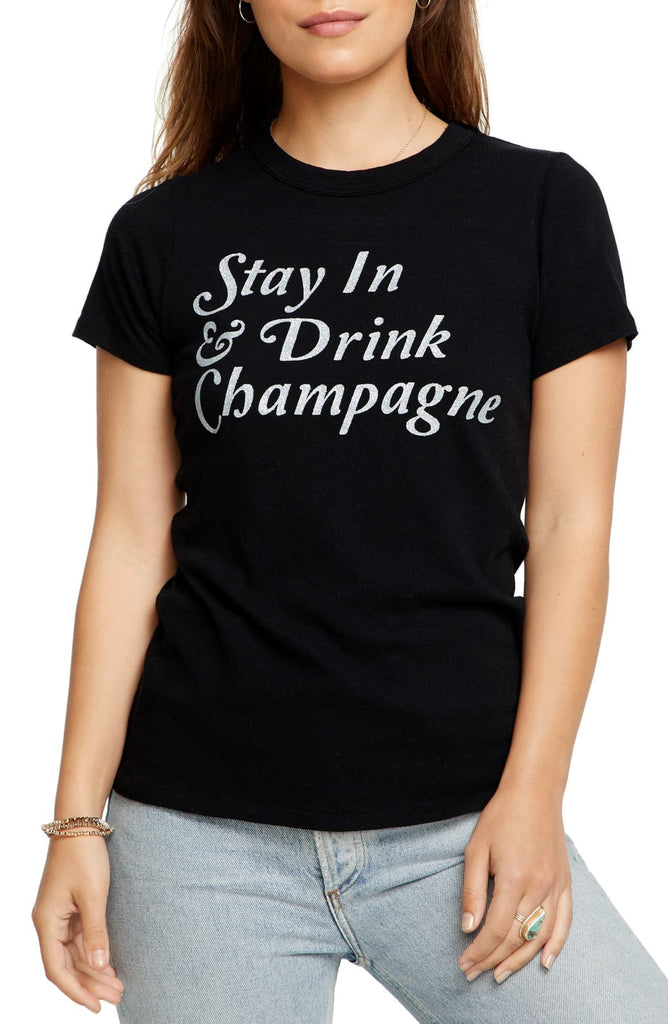Chaser "Stay In & Drink Champagne" Glitter Tee Shirt, Black/Silver