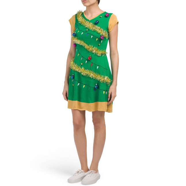 Juniors Derek Heart Christmas Tree Sweater Dress, Jolly Green
