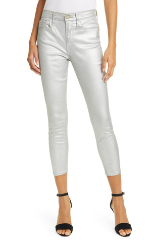 FRAME Ali Metallic High Rise Ankle Crop Skinny Jeans, Silver