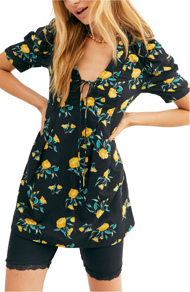 Free People Adelle Floral Print Tunic Top, Black Combo