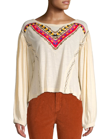 Free People Hand Me Down Embroidered Top, Ivory Combo