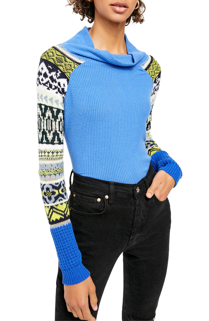 Free People Prism Intarsia Ribbed Sweater, Blue Bell Combo