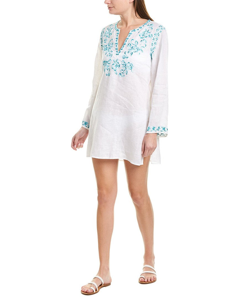 Johnny Was Marie Embroidered Linen Tunic Cover-up, White/Teal