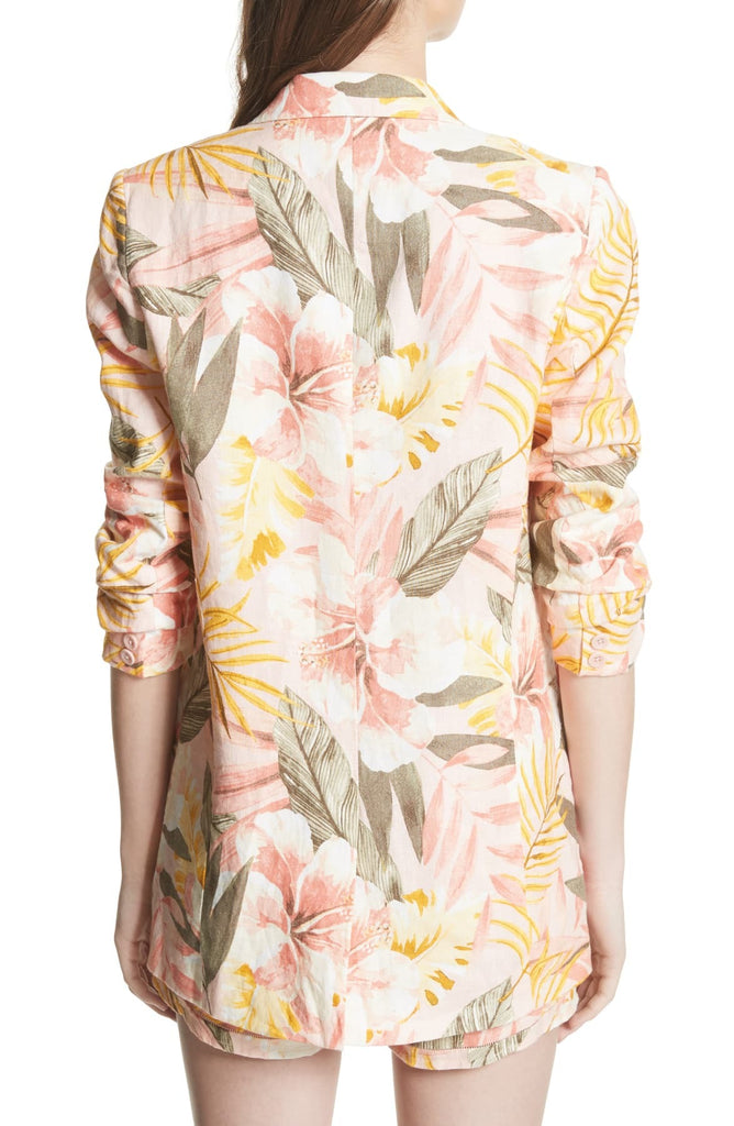 Joie Kishina B Floral-Print Ruched Sleeve Linen Blazer, Dusty Nude