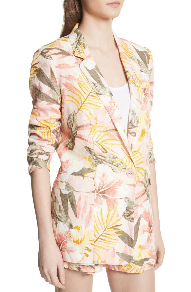 Joie Kishina B Floral-Print Ruched Sleeve Linen Blazer, Dusty Nude