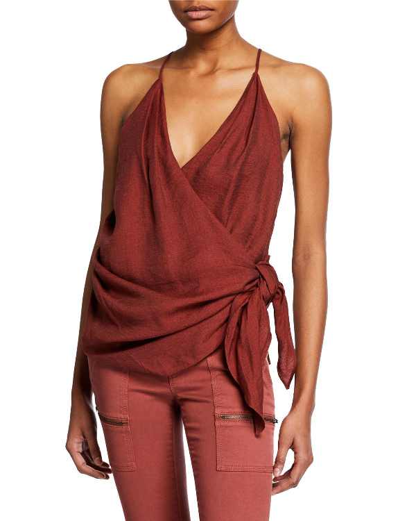 Joie Terika Side-Tie Wrap-Front Sleeveless Top, Tawny