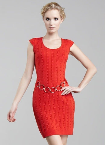 Milly Cable-Knit Chain Belted Sweater Dress, Red-Orange