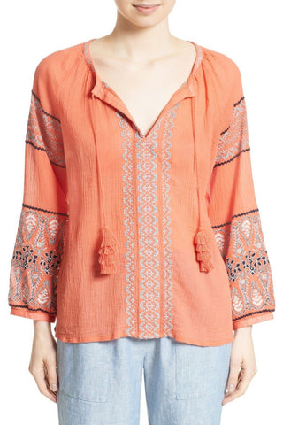 Joie 'Nelida' Embroidered Gauzey-Cotton Tunic Blouse, Blood Orange