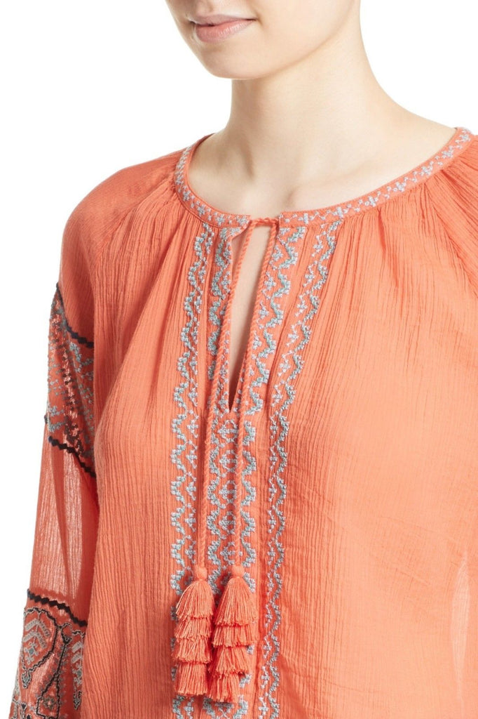 Joie 'Nelida' Embroidered Gauzey-Cotton Tunic Blouse, Blood Orange