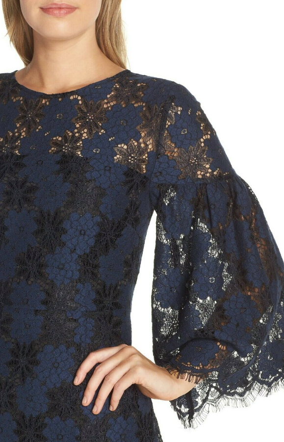 Trina Turk 2-Tone Floral Lace Bell Sleeve Dress, Black/Blue