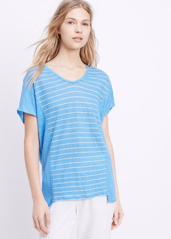 Vince Striped Linen S/S Tee Shirt, Danube Blue/White