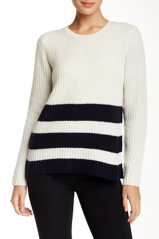 Vince Ribbed Wool/Cashmere Striped Sweater, Winter White/Coastal
