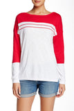Vince Slub Cotton Striped-Yoke Sweater, Optic White/Raspberry