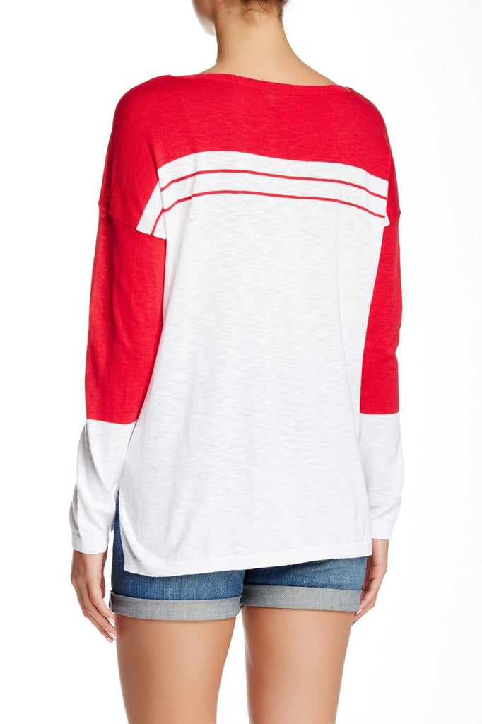 Vince Slub Cotton Striped-Yoke Sweater, Optic White/Raspberry