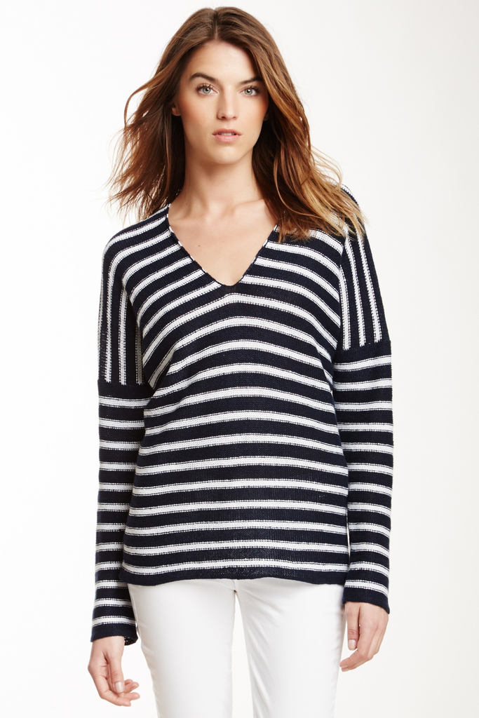 Vince Long Sleeve Striped Linen Sweater, Navy Blue/White