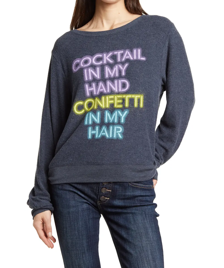 Wildfox "Cocktail In My Hand Confetti In My Hair" Sweatshirt, Navy Blazer